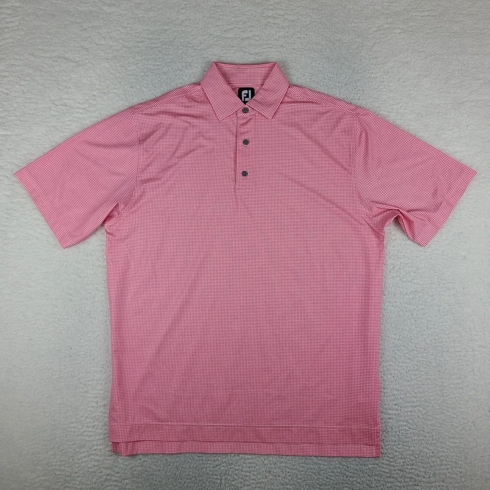 Foot Joy Polo Shirt Mens Large Pink Houndstooth Performance FJ Golf Short Sleeve